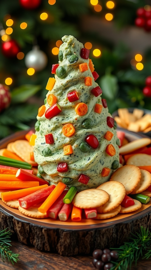 Festive spinach dip Christmas tree with vegetable decorations and dipping options.